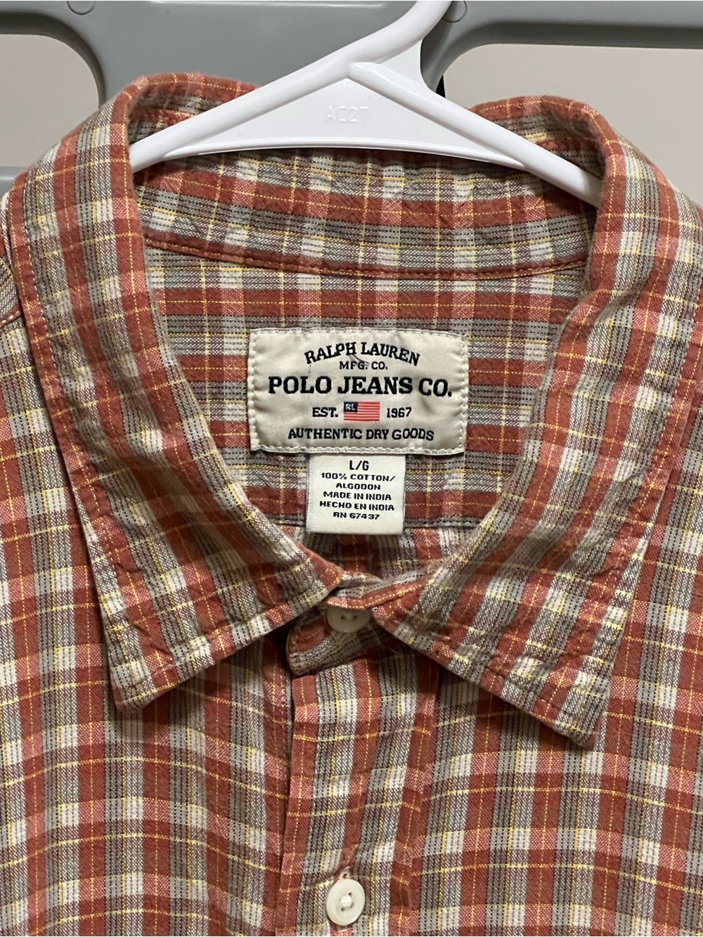 Ralph Lauren Polo Jeans Co. Men's Rust and Cream Plaid Button-Down Shirt - Picture 3 of 6